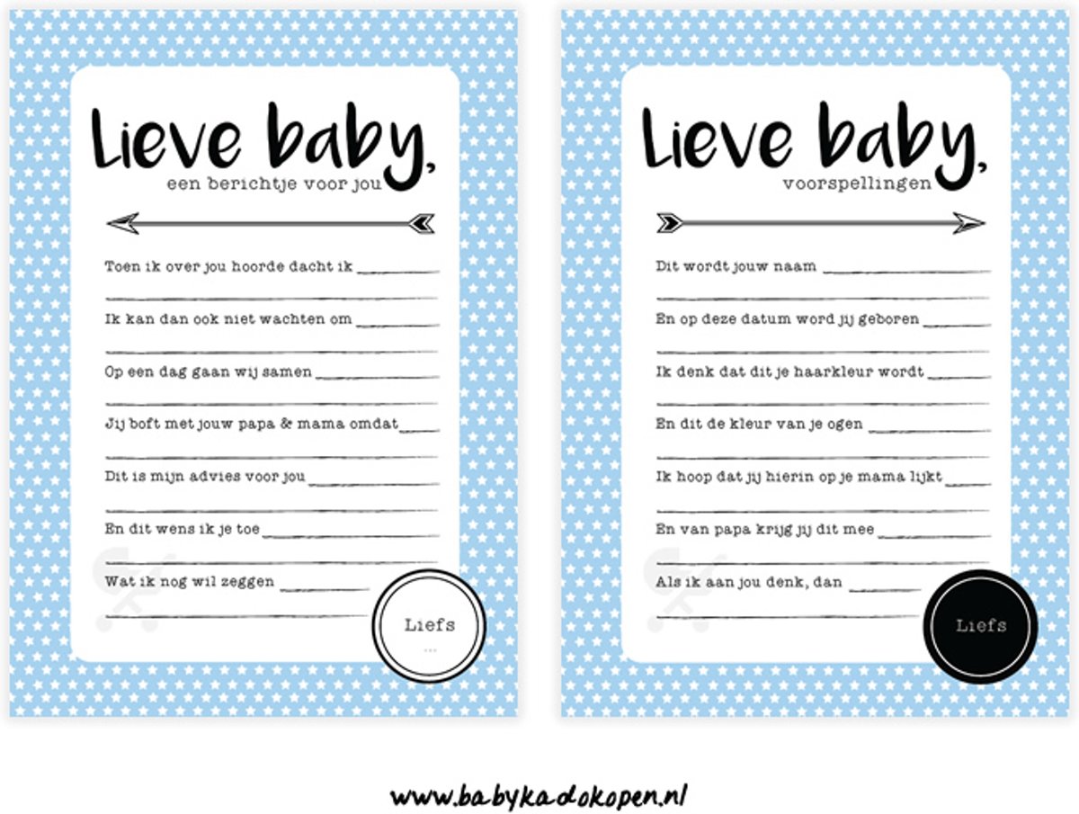 Invulkaarten Lieve Baby | Jongen Blauw | Babyshower spel | Gender Reveal Feest | Voorspellingen | Bericht voor de baby